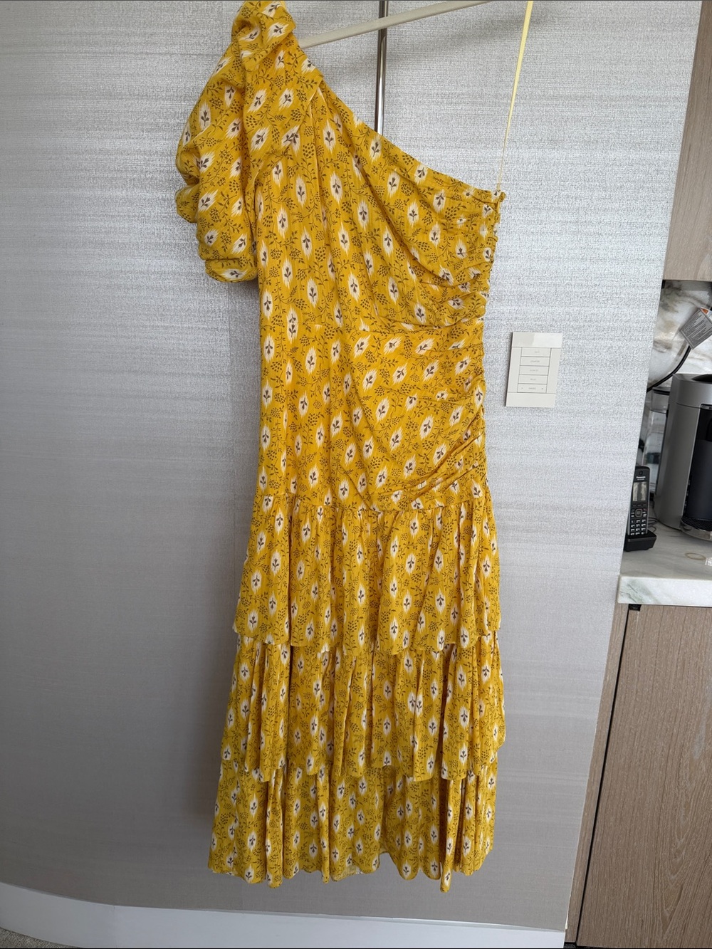 Veronica Beard One-Shoulder Yellow Floral Tiered Dress